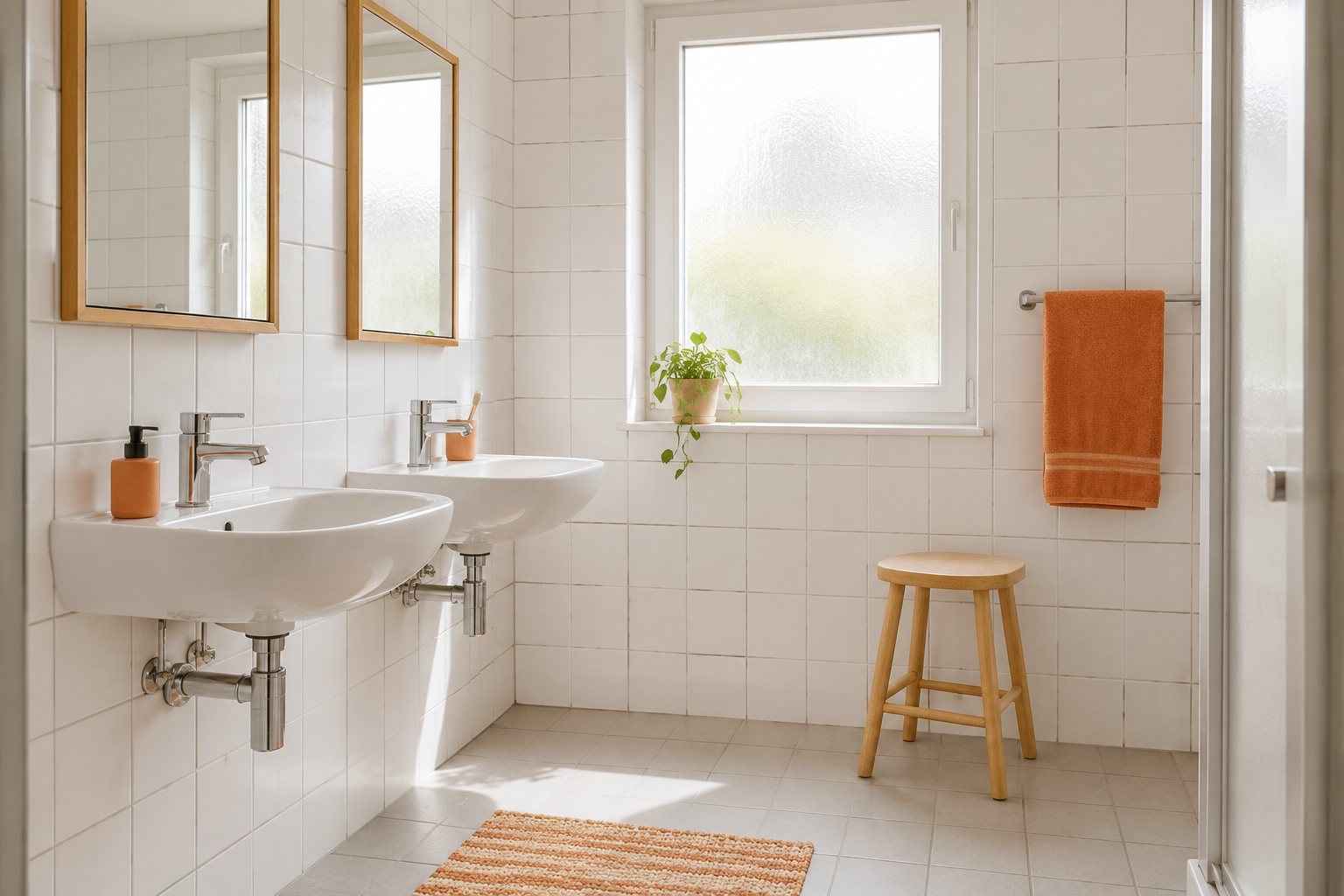 Clean shared bathroom with white tiles and two basins