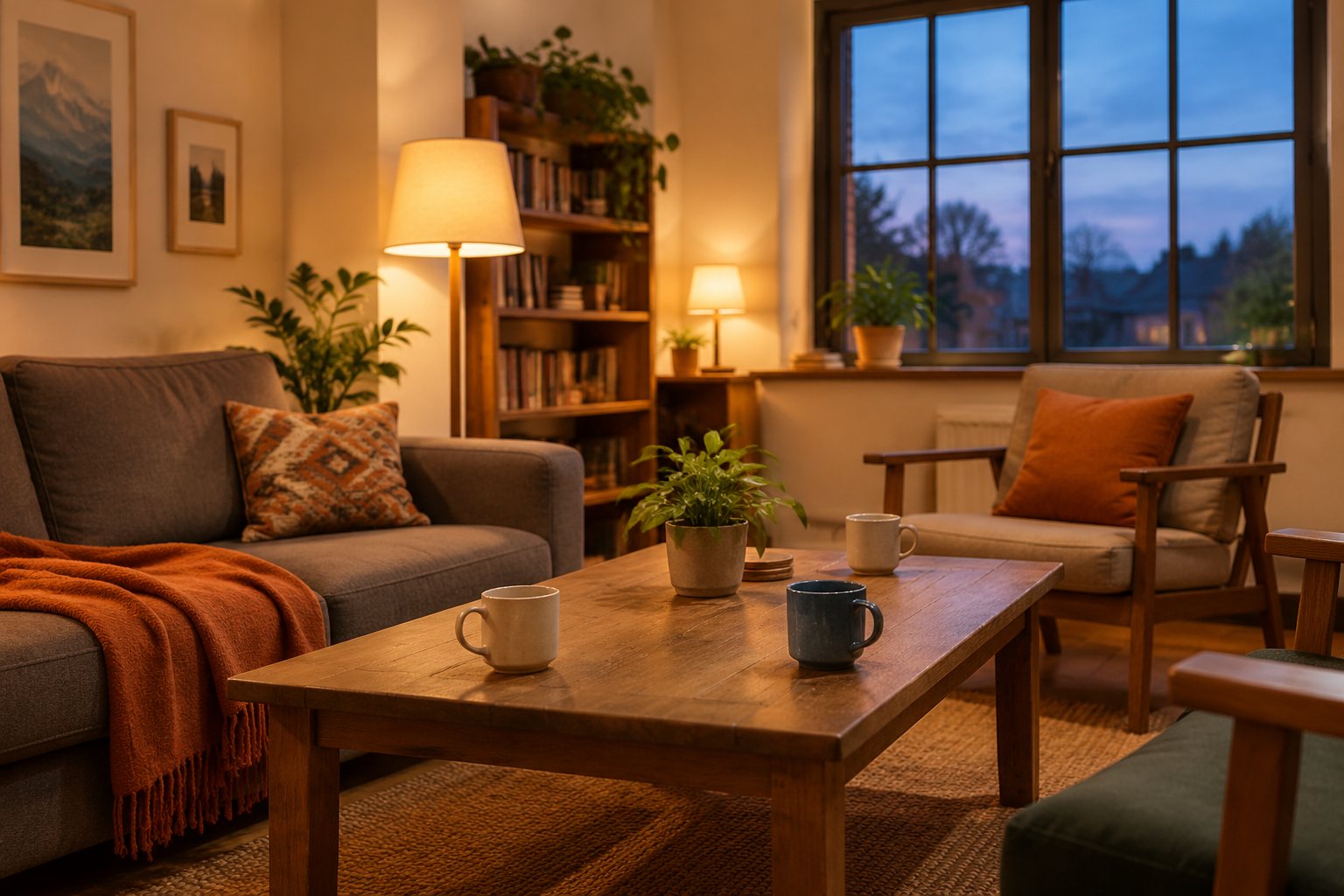 Warmly lit hostel common room in the evening