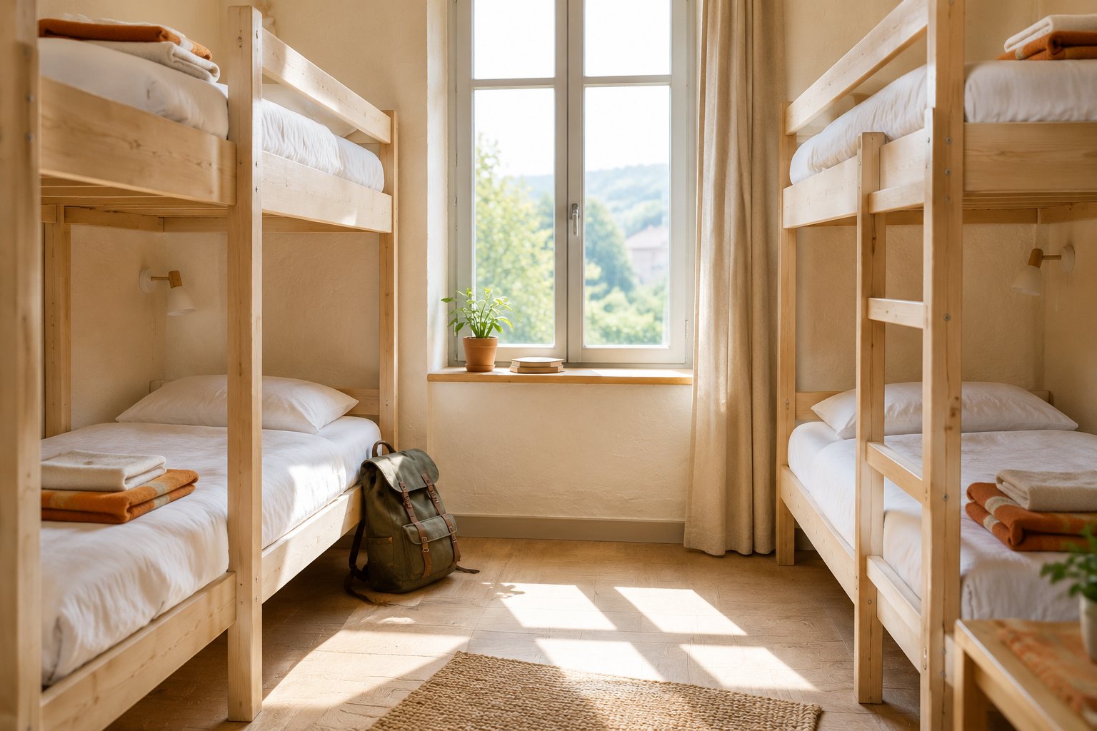 Estates in London — youth hostels across Europe Bunk beds with white linen in a small hostel dormitory