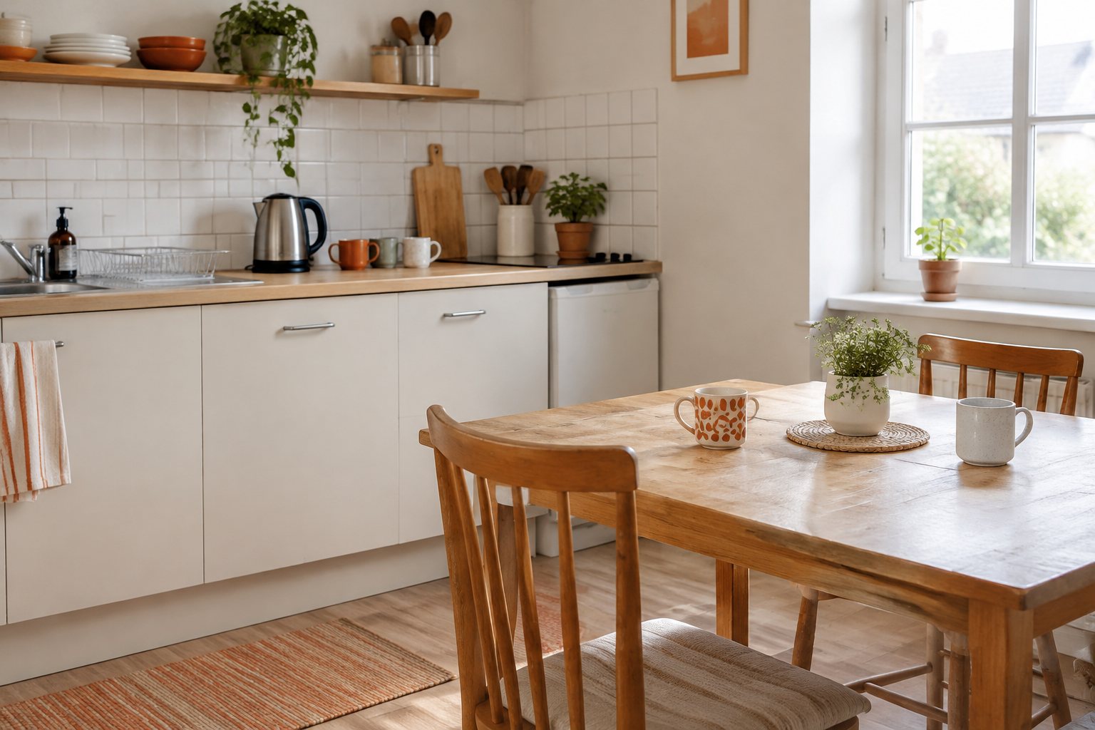 Shared hostel kitchen with a wooden worktop and a dining table