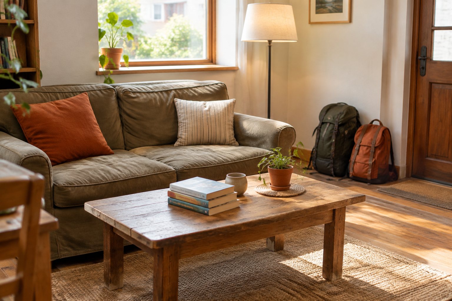 Common lounge with sofas, a low table and travel bags