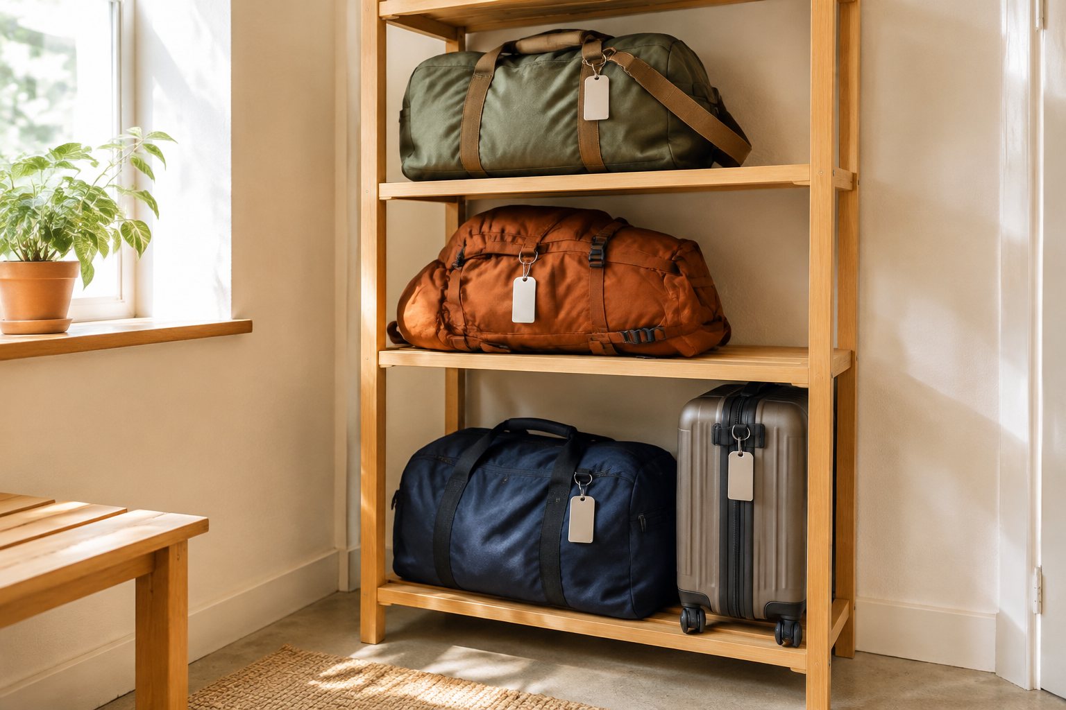 Luggage storage racks with backpacks in a hostel hallway