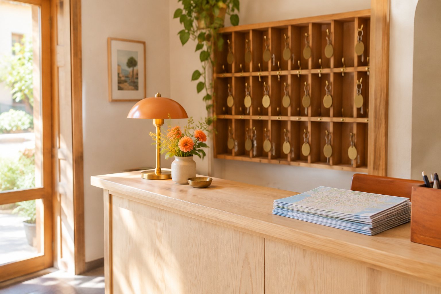 Hostel reception desk with a key rack behind it