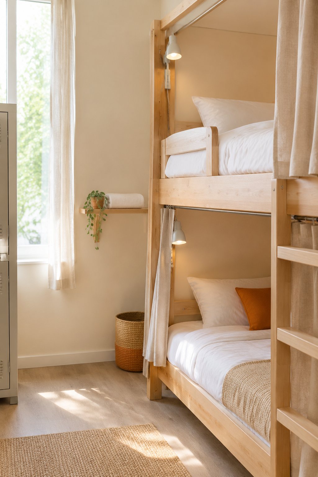 Estates in London — youth hostels across Europe Bunk bed with a privacy curtain in a female-only dorm